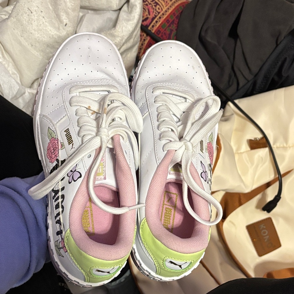 Puma White Sneakers with Pink and Green Floral Accents - Picture 2 of 7